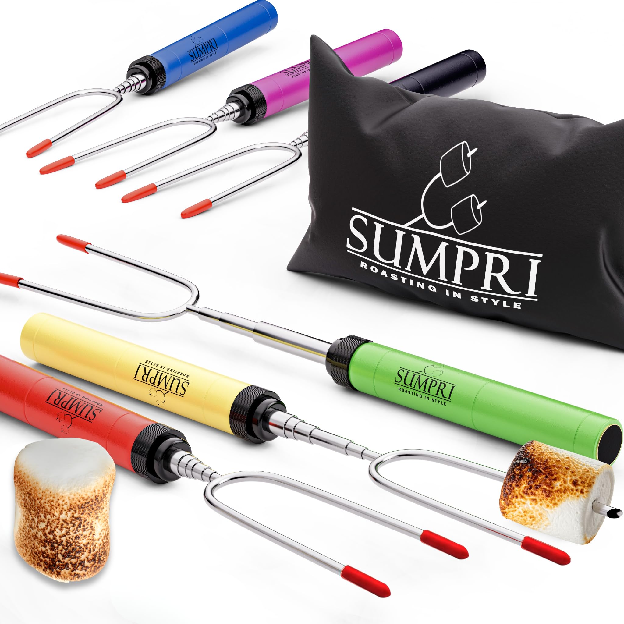 Smores Sticks For Fire Pit - Marshmallow Roasting Sticks For Campfire, Rotating Smore Sticks Set of 6 - Safe, Fun Telescoping Multicolored 34 Inch Hot Dog Sticks - SUMPRI Long Camping Skewers