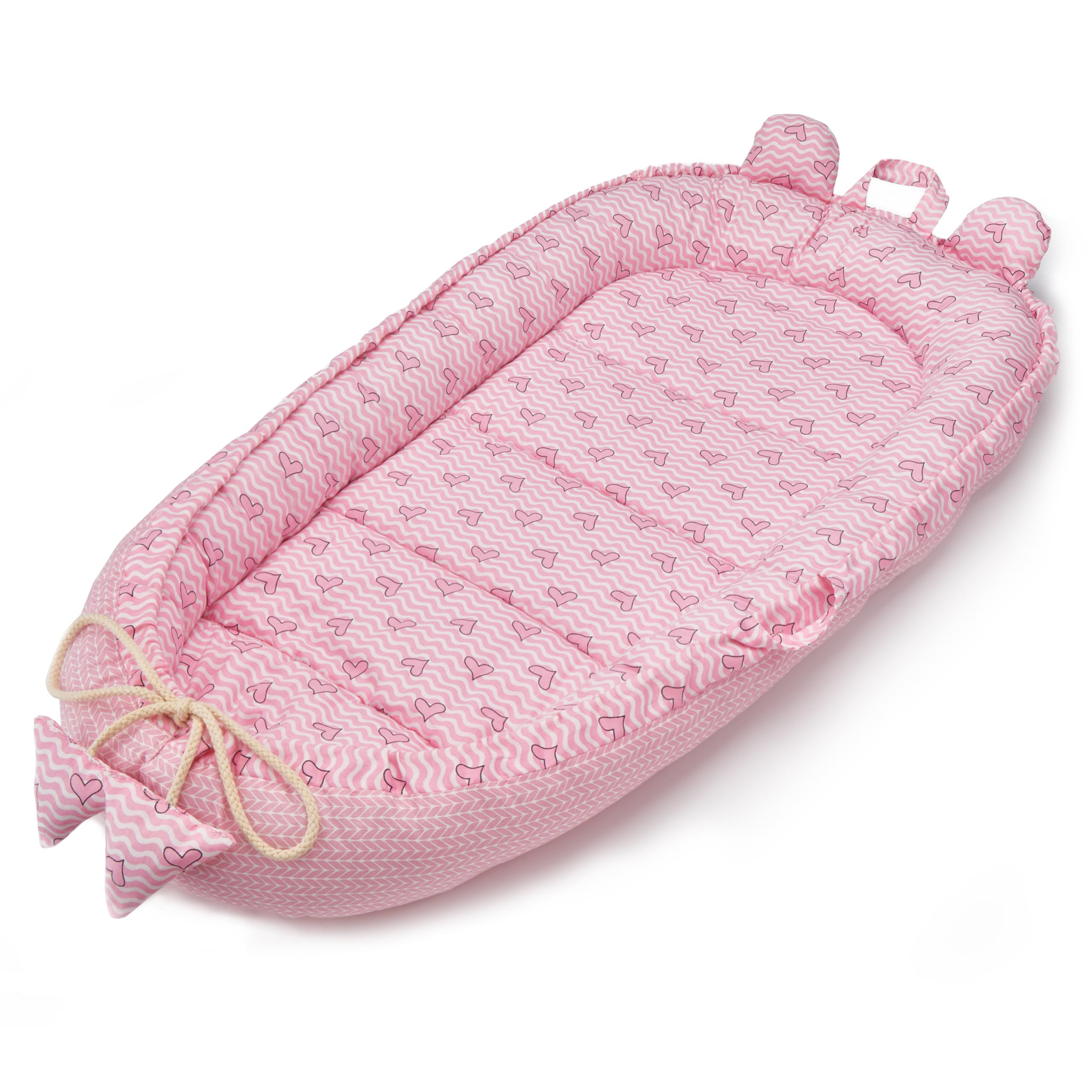 Nido neonato 90x50cm - Letto nido per bebè - Riduttore per culla - Mini culla - Cesta per neonato - Culla portatile o da viaggio - Mussola leggera 80x80cm - 100% cotone (Cuori rosa)