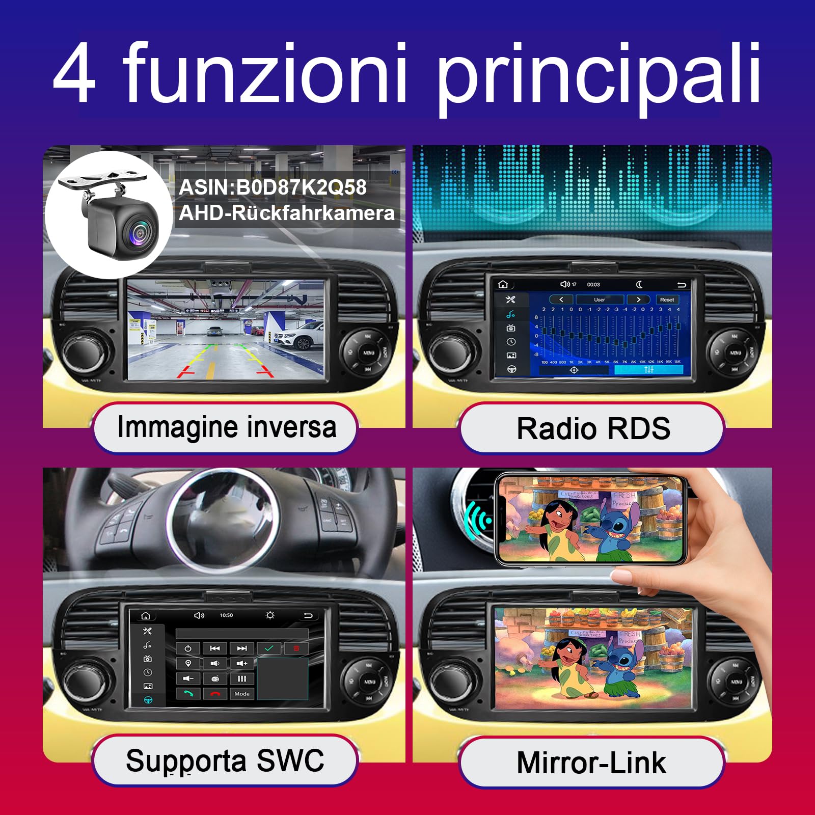 Autoradio per Fiat 500 2007-2015 compatibile con Carplay/Android Auto, Autoradio Fiat 500 da 7 pollici con touchscreen/Bluetooth/FM/AM/USB/DPS/RDS/Mirror Link-Nero