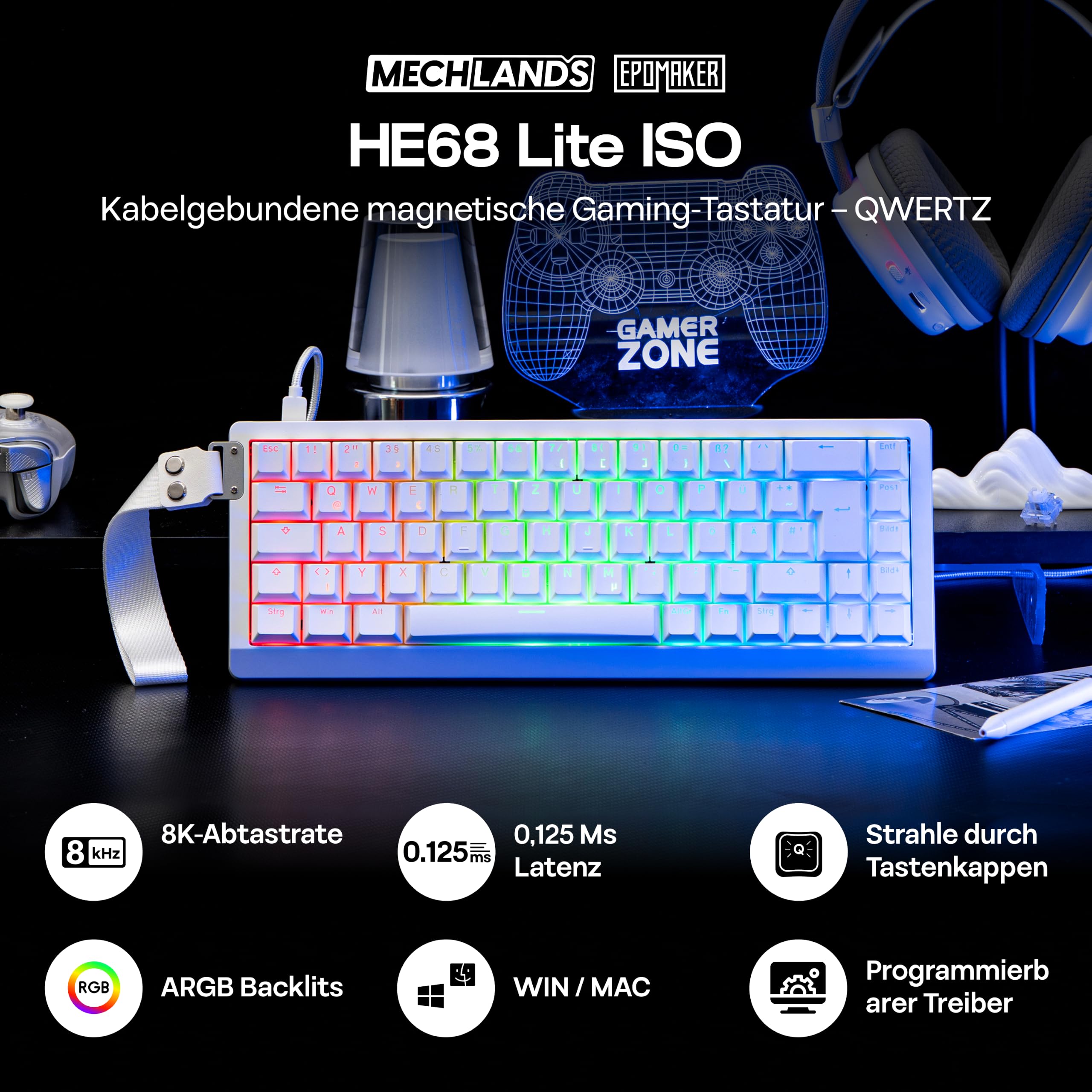 MechLands EPOMAKER HE68 Lite Gaming Tastatur, QWERTZ Deutsches Layout, Kabelgebundene Tastatur mit Magnetischer Schalter, Hot Swap, Custom Driver, Creamy Gasket,RGB