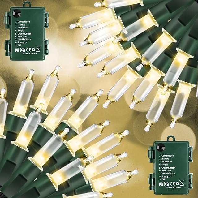 EMOIEMO Christmas Lights Battery Operated, 16ft 50 LED 2 Pack Outdoor Fairy Lights Waterproof 8 Modes Battery String Lights for Outdoor & Indoor, Tree, Xmas Decorations(Warm White)