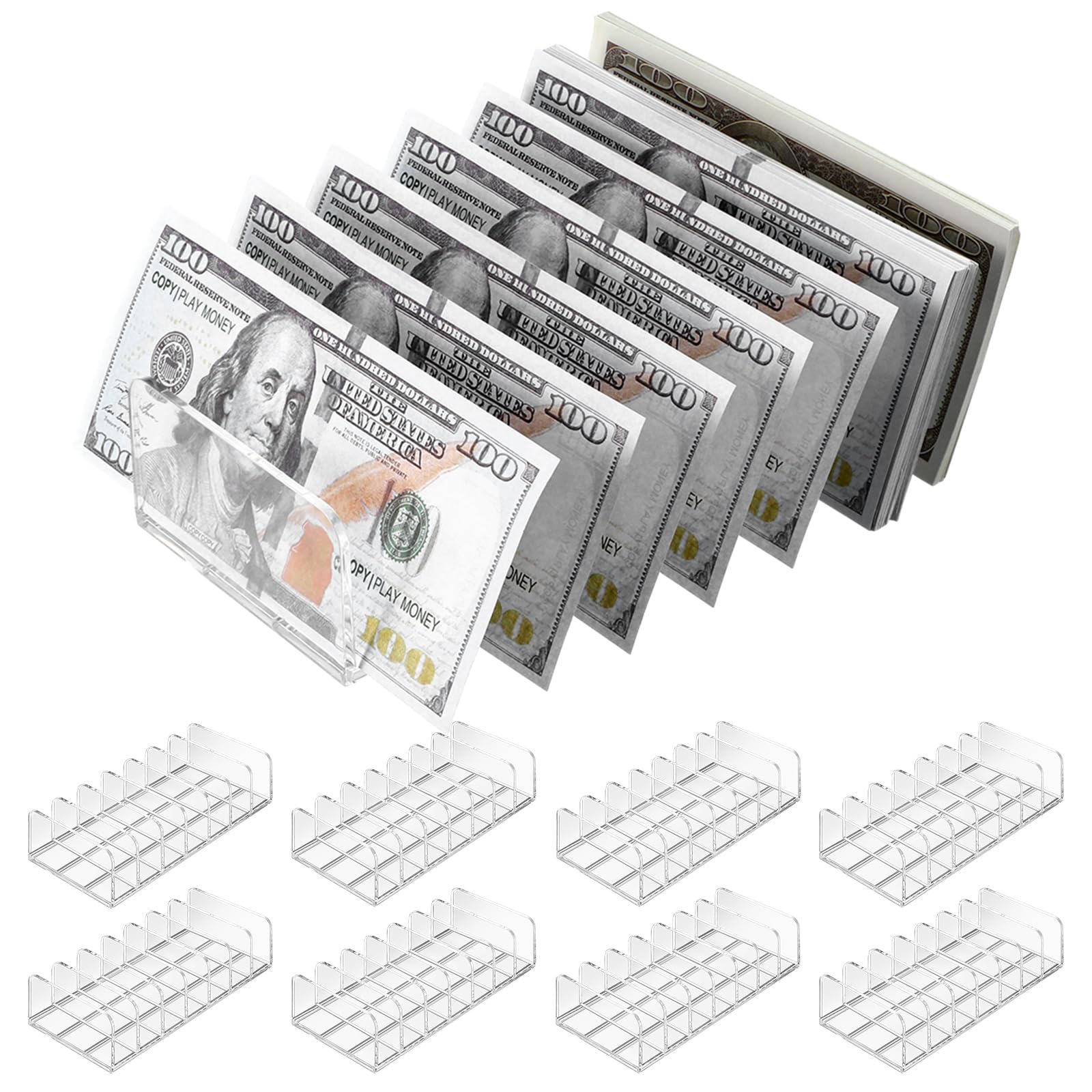 Barydat 8 Pcs Acrylic Cash Organizer with 7 Section Dividers Cash Tray Money Organizer for Cash Transparent Cash Holder for Cash Envelope Bill Storage Makeup Eyeshadow Currency Money Supplies