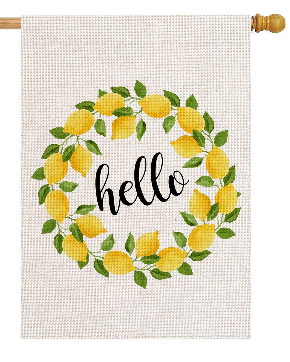 Lemon Wreath 28 x 40 House Flag Seasons Double Sided, Hello Burlap Garden Yard Decoration, Bright Yellow Watercolor Lemons and Green Leaves Wreath Outdoor Decor Decorative Spring Large Flag