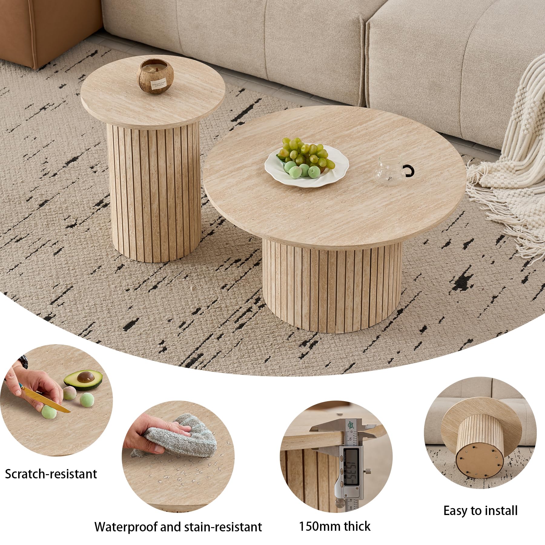 Set di 2 Tavolini da Caffè Rotondi Moderni, Supporto per Base a Colonna Romana, Tavolino da Divano Rotondo in Stile Fattoria, Adatto per Soggiorno, Ufficio - Rivestimento in travertino giallo