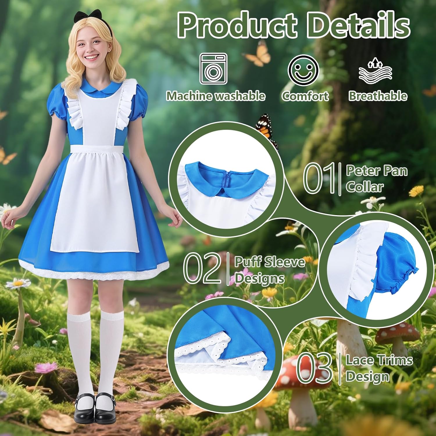 Adult Blue Dress Costume for Women Halloween Princess Costumes with Socks Hairband - Image 3