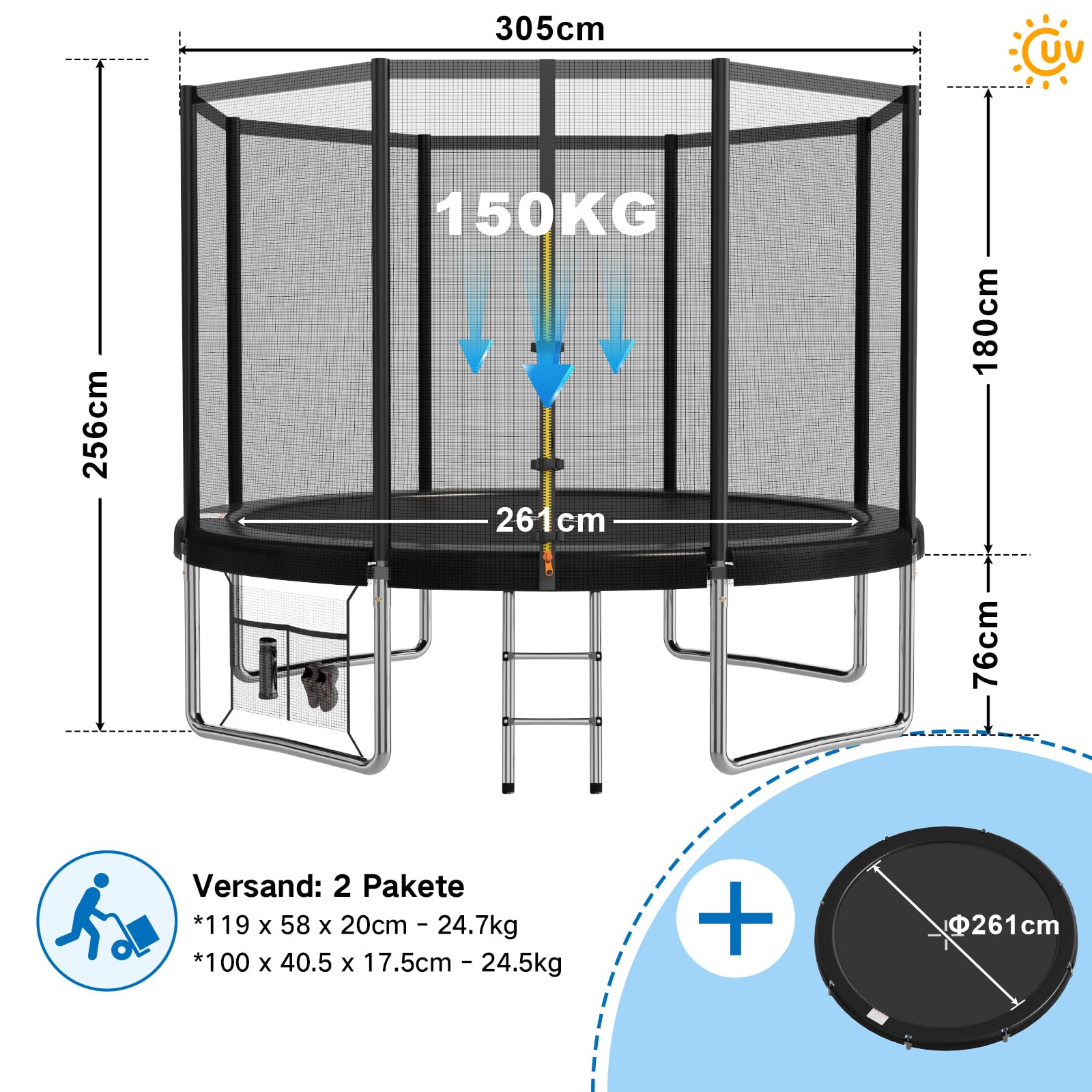 Devoko Trampolin Outdoor Ø 183/228/305/366/427 cm, GS-Zertifikat Indoor Trampolin Kinder Gartentrampoline, Komplettset mit Schuhnetz, Leiter, Randabdeckung, Sicherheitsnetz
