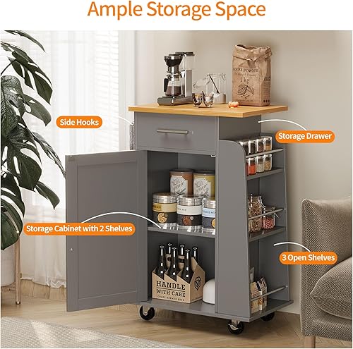 Miniatura 4 de Shintenchi Pequeña isla de cocina con ruedas con estante de especias lateral de 3 niveles y parte superior de madera de goma, carrito con armario de