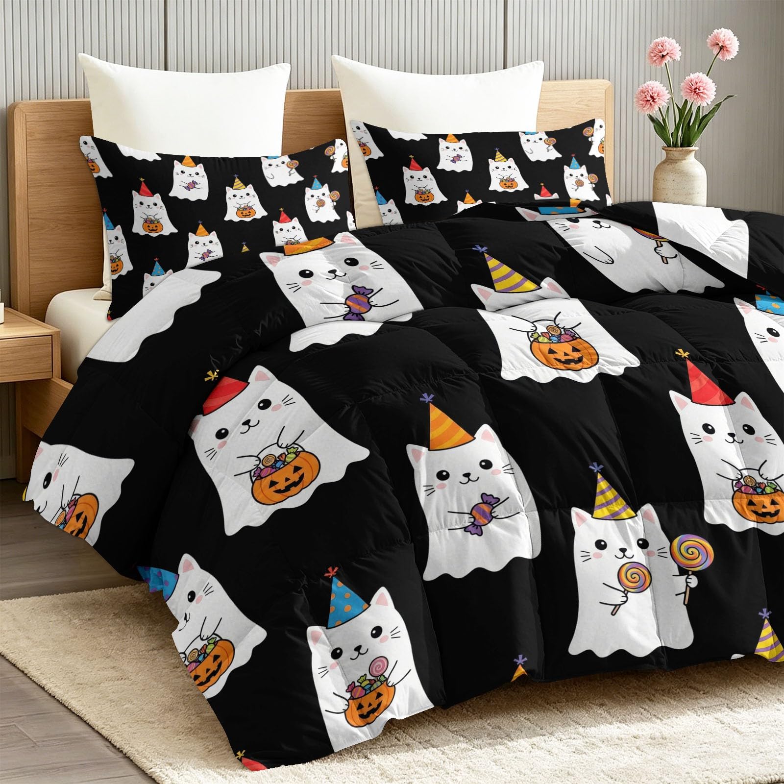 Kołdra na Halloween bez poszewki 135 x 200 cm, na 4 pory roku, nadaje się do prania, kremowa, lekka, przyjazna dla skóry, kota, kota, ducha, dynia, lampion, wiadro, miękka, ciepła kołdra całoroczna