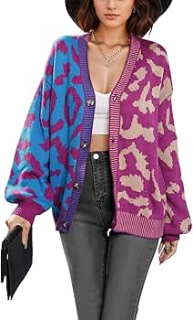 TERIVEEK Leopard Cardigan for Women Oversized Color Block