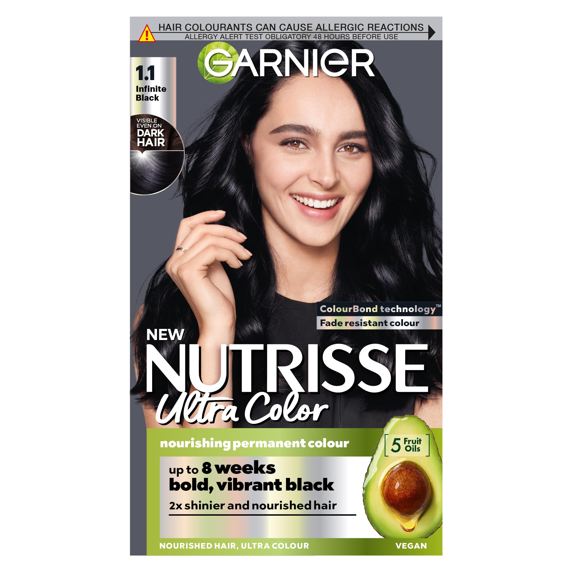 Garnier Nutrisse Ultra Color, Permanent Hair Dye, Intense Colour, For All Hair Types, 1.10 Infinite Black
