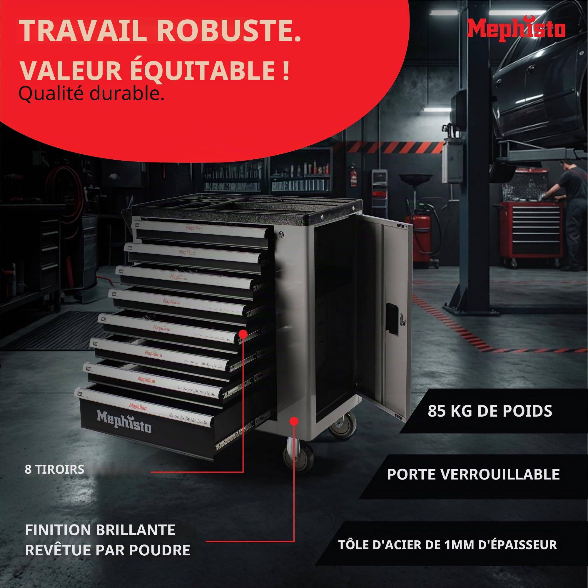 Mephisto Chariot à outils avec roulettes avec 8 tiroirs, dont 8 tiroirs avec outils tels que clés anglaises, cliquet avec boîte à noix, etc