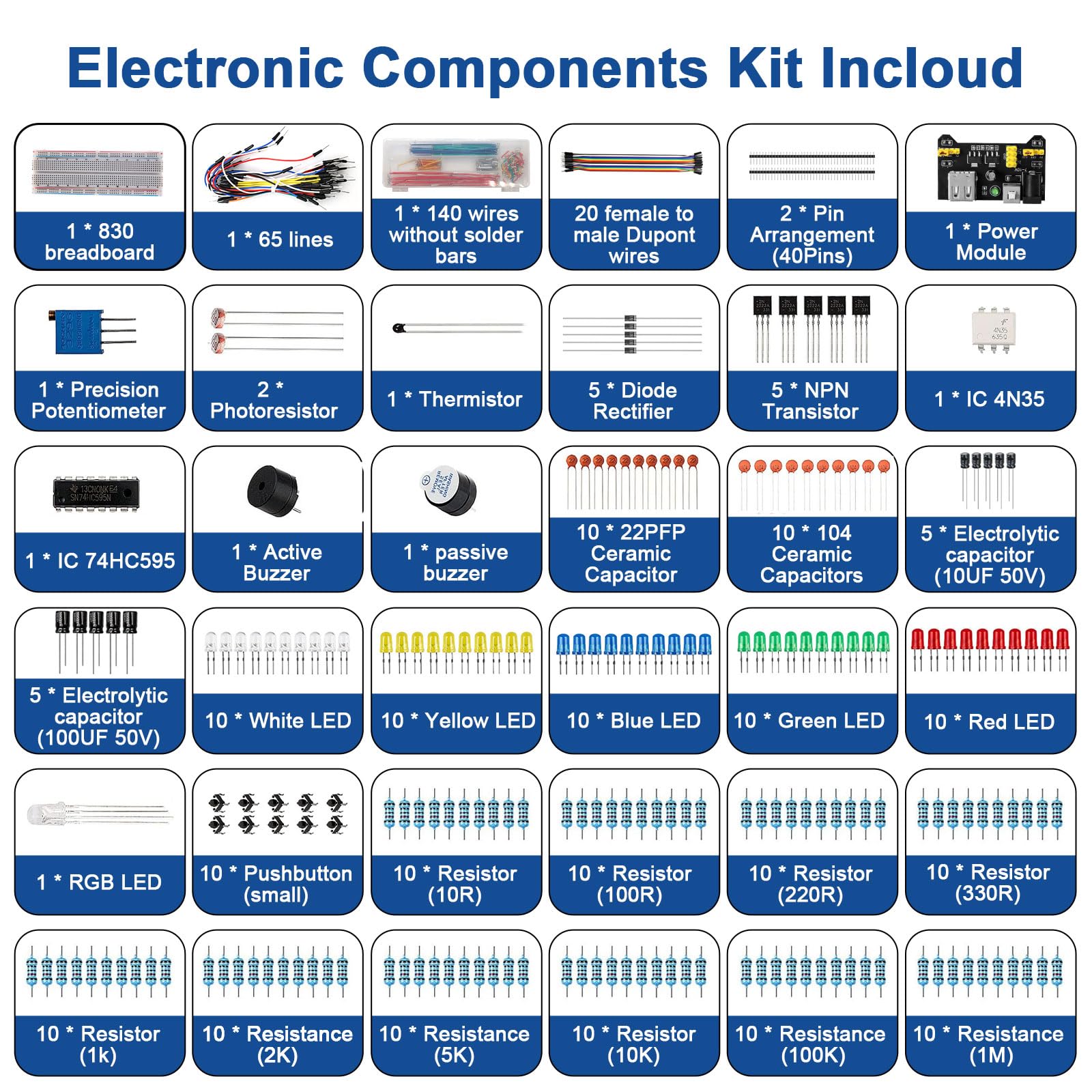Starter kit per Componenti Elettronici con 830 fori Breadboard Transistor Resistenza Condensatori Cicalino LED Cavo Resistore LED Diversi Componenti Compatibile con Arduino con Raspberry Pi