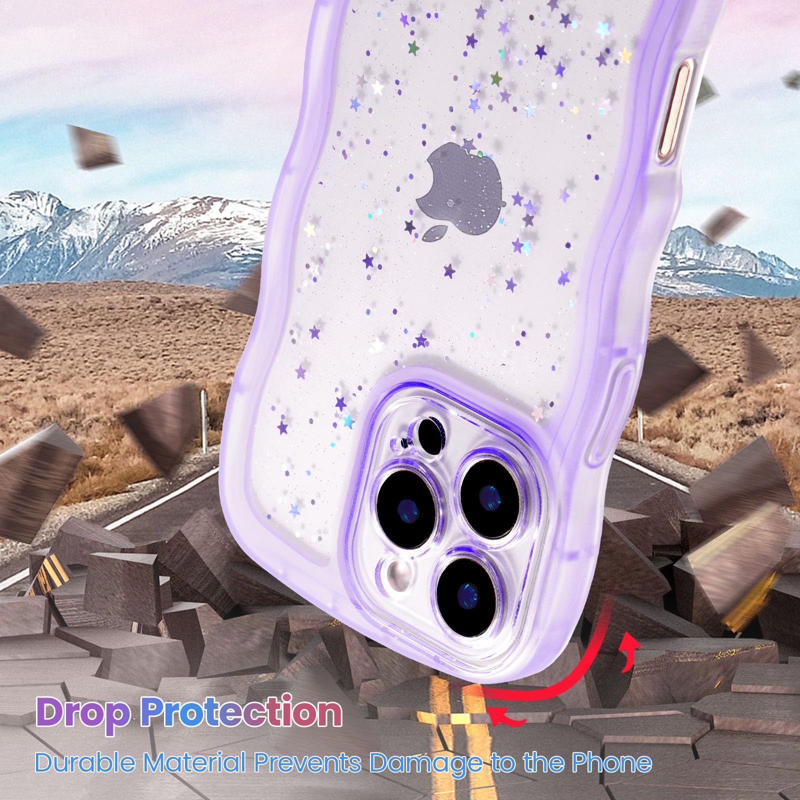 QLTYPRI Compatible with iPhone 16 Pro Max Case,Cute Curly Wave Frame Clear Glitter Case for Girls Women Sparkle Bling Soft TPU Bumper Transparent Shockproof Phone Cover for iPhone 16 Pro Max-Purple - Image 4