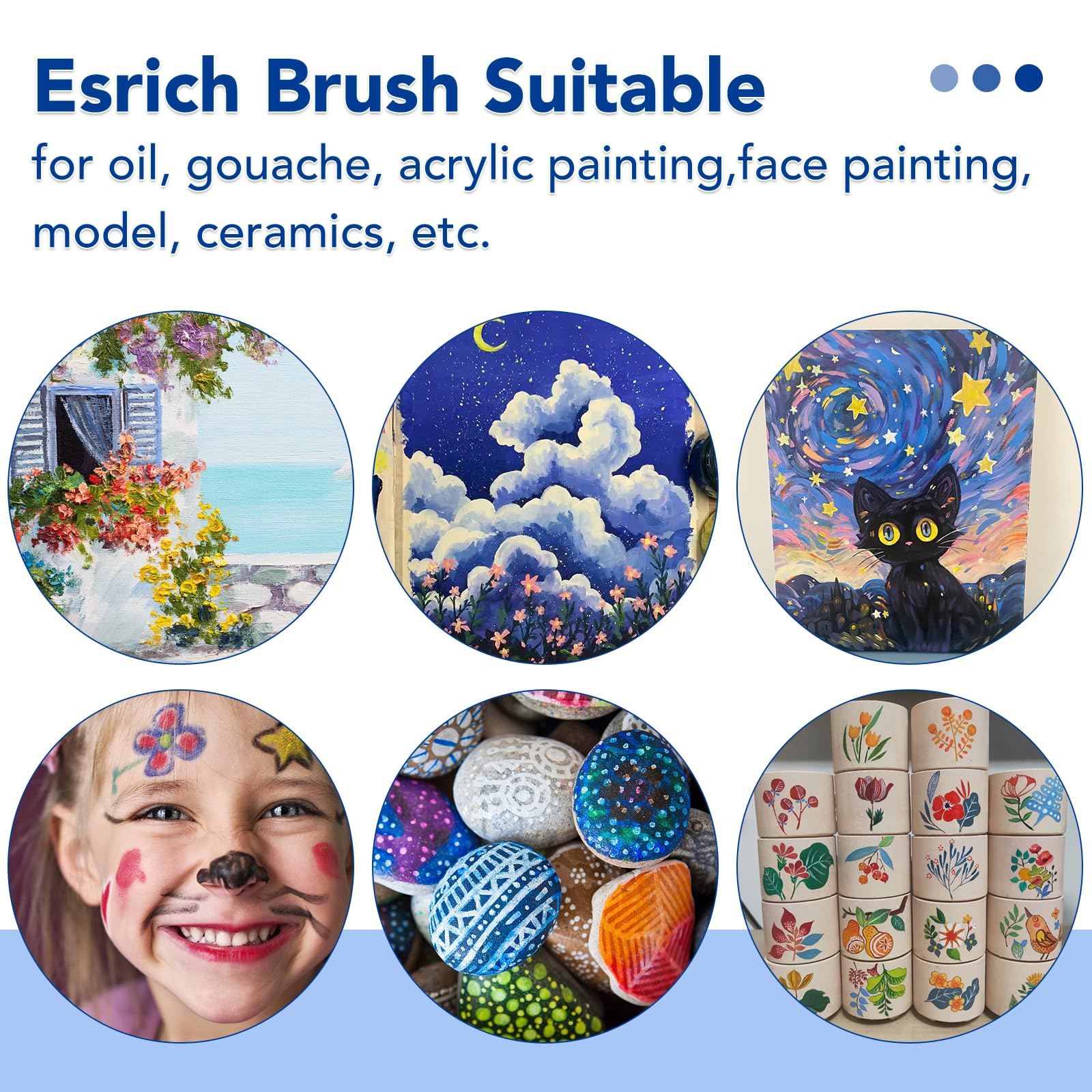 ESRICH Lot de 24 pinceaux de Peinture Acrylique, 240 pinceaux Aquarelle, tête de Pinceau en Nylon, pour Peinture à l'huile, Gouache, Visage, céramique, etc., pour Enfants et Adultes, Noir