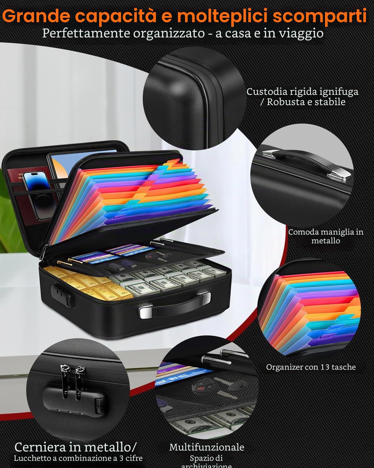 Scatola portadocumenti ignifuga – Organizzatore per documenti con serratura a combinazione e 13 scomparti, portatile, impermeabile, resistente al fuoco, per importanti file A4, certificati, laptop e