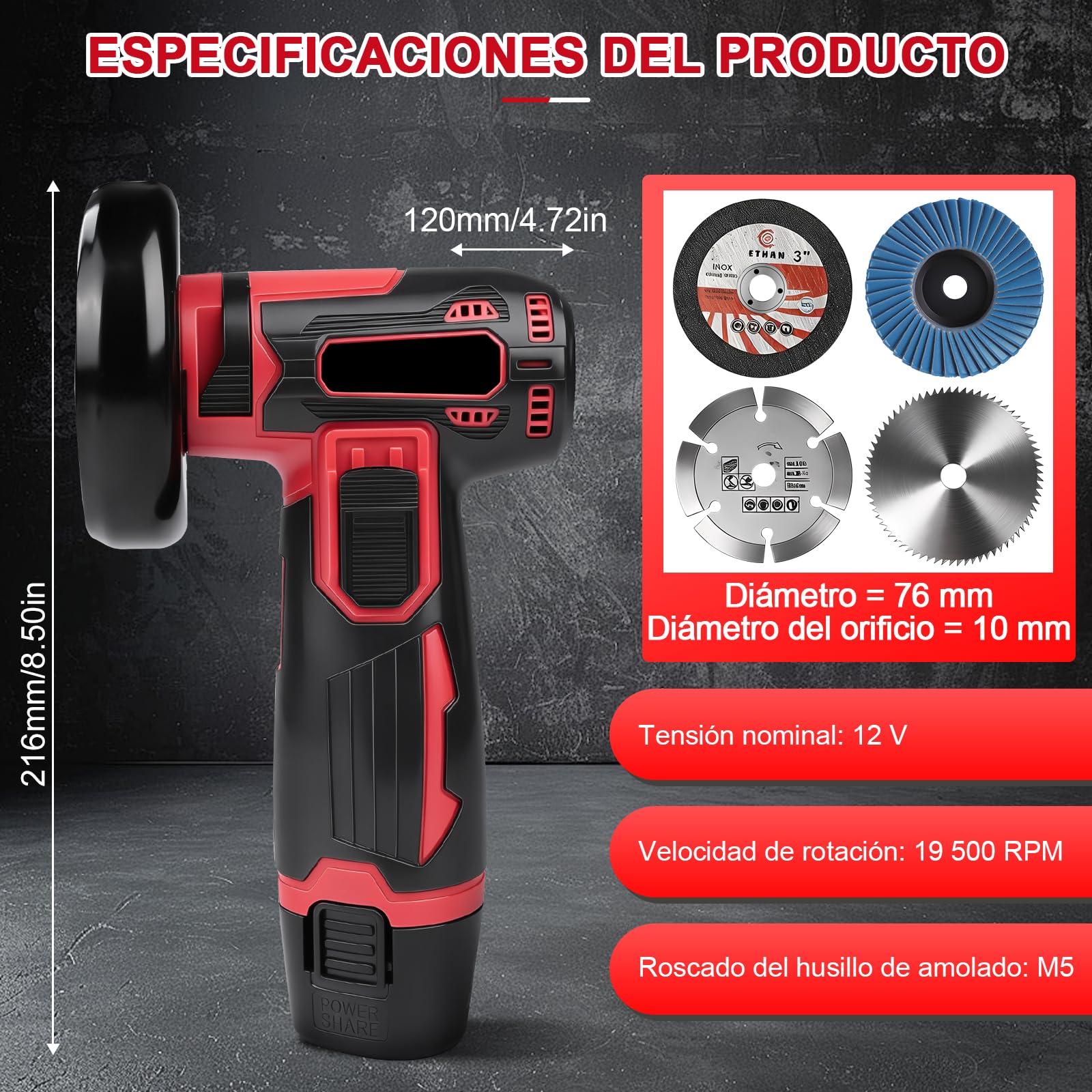 Mini Amoladora Angular Bateria, 19500rpm 76mm Mini Radial Bateria Con 2 Baterías 1300mAh 12V Y Discos Para Cortar Y Pulir, PequeñA Amoladora Inalambrica Para Esmerilar, Pulir, Cortar