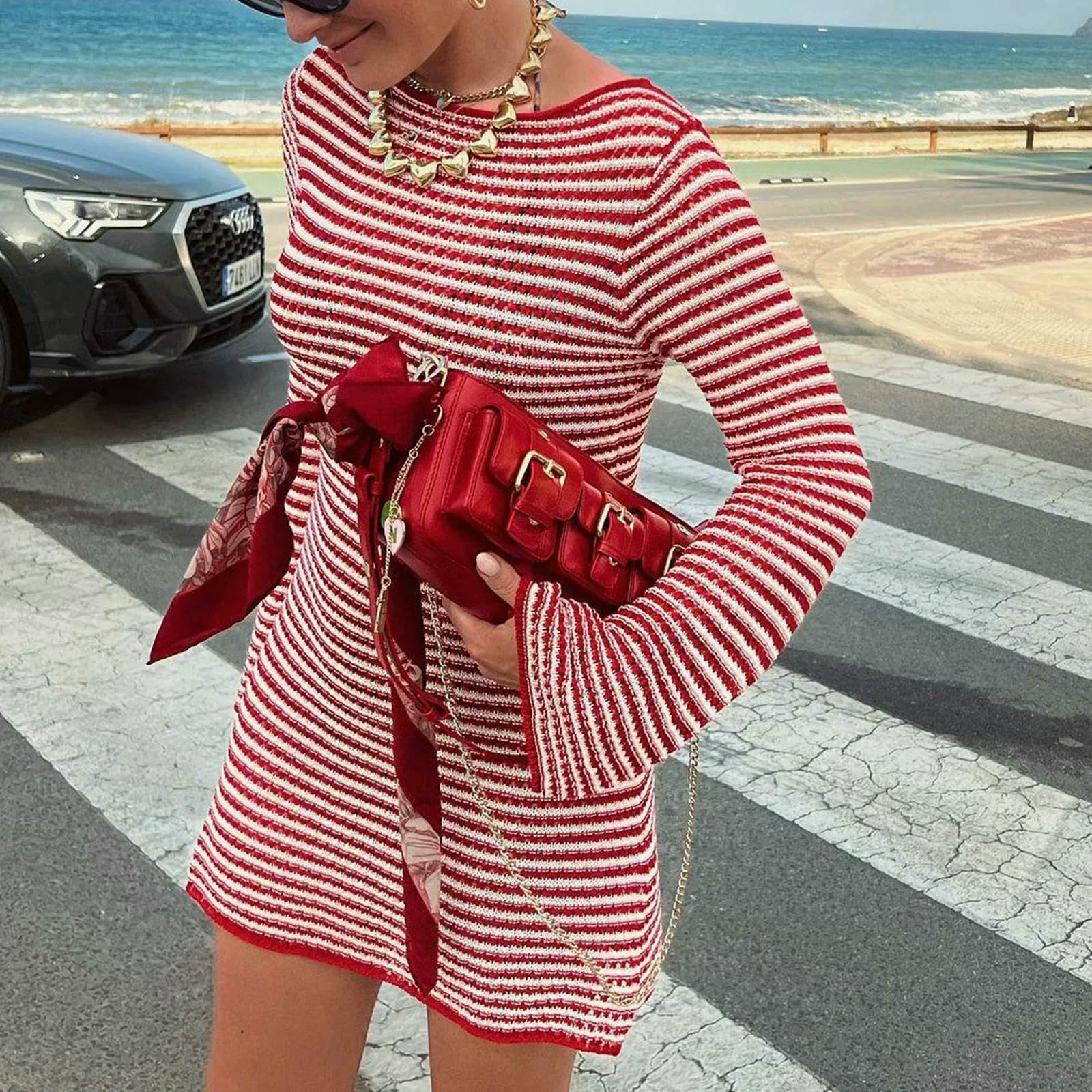 Vestiti a Maniche Lunghe Mini Abito da Donna Righe Donna, Inverno Autunnale, Contrasto Bodycon Ad Alta Vita, Sexy per La Festa della Spiaggia Casual-Nero-m