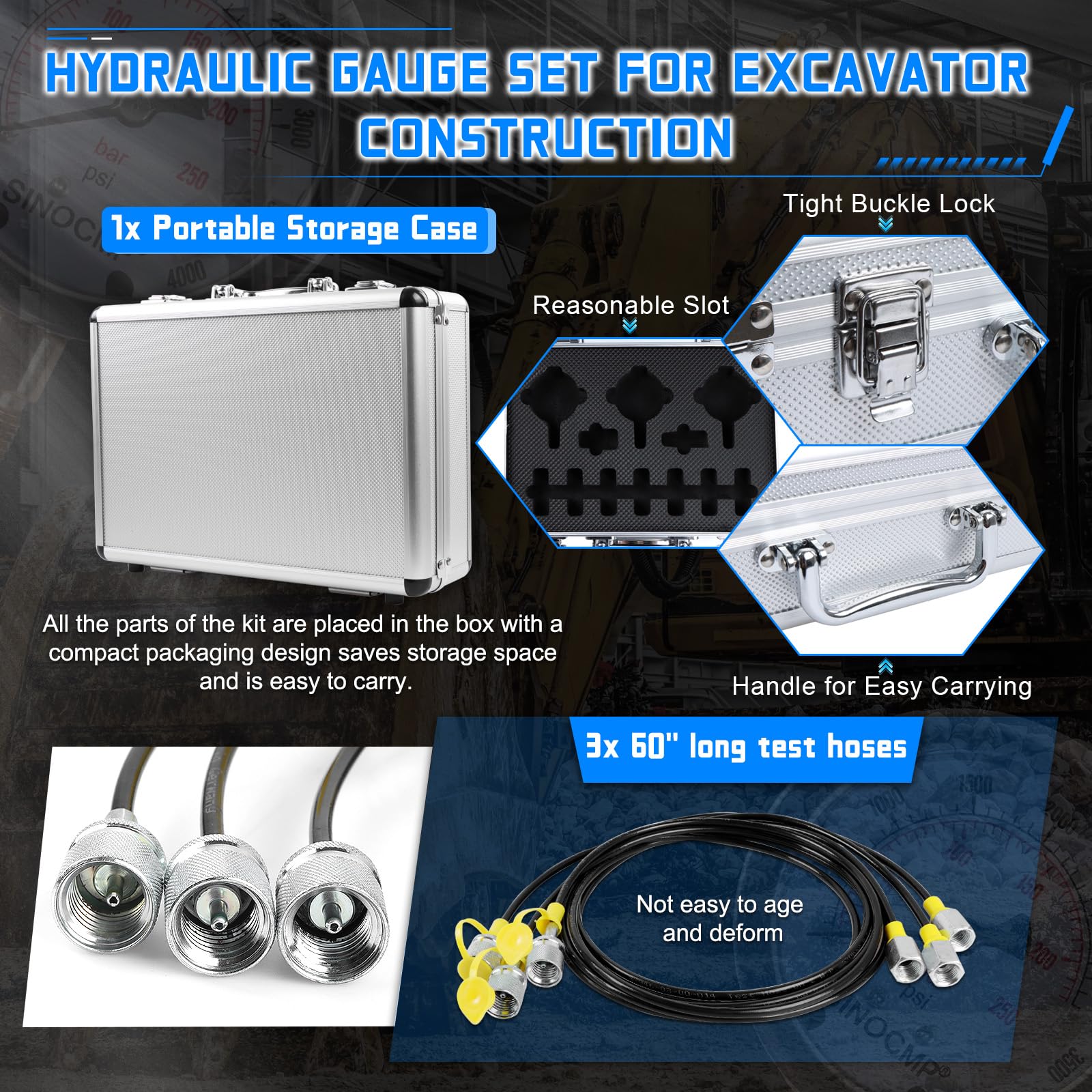 Kit de prueba de medidores de presión hidráulicos 4000/6000/10000PSI, 9 acoplamientos, 3 mangueras de prueba de 59 pulgadas, 1 caja de aluminio para maquinaria de construcción de excavadoras