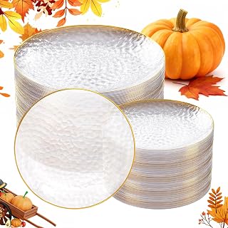 Rubtlamp 100Pcs Clear Gold Plastic Plates, Disposable Plates With Gold Rim, Heavy-duty Party Platos, Hammered Plastic Plates Include 50 Clear Dessert Platos, 50 Dinner Platos for Thanksgiving