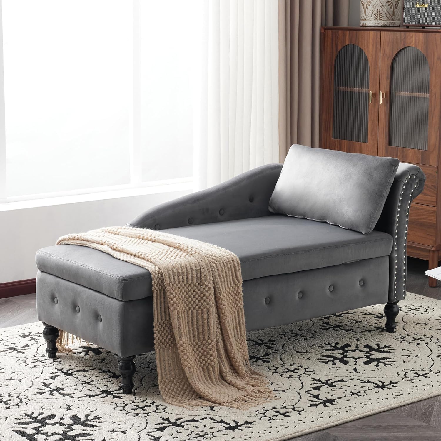Aptliton Velvet Chaise Lounge Sofa with Storage, Upholstered Chaise lounge Couch with Pillow for Living Room, Modern Nailhead-Trim & Button-tufted Lounge Chair, Bedroom and Office, Right Armrest