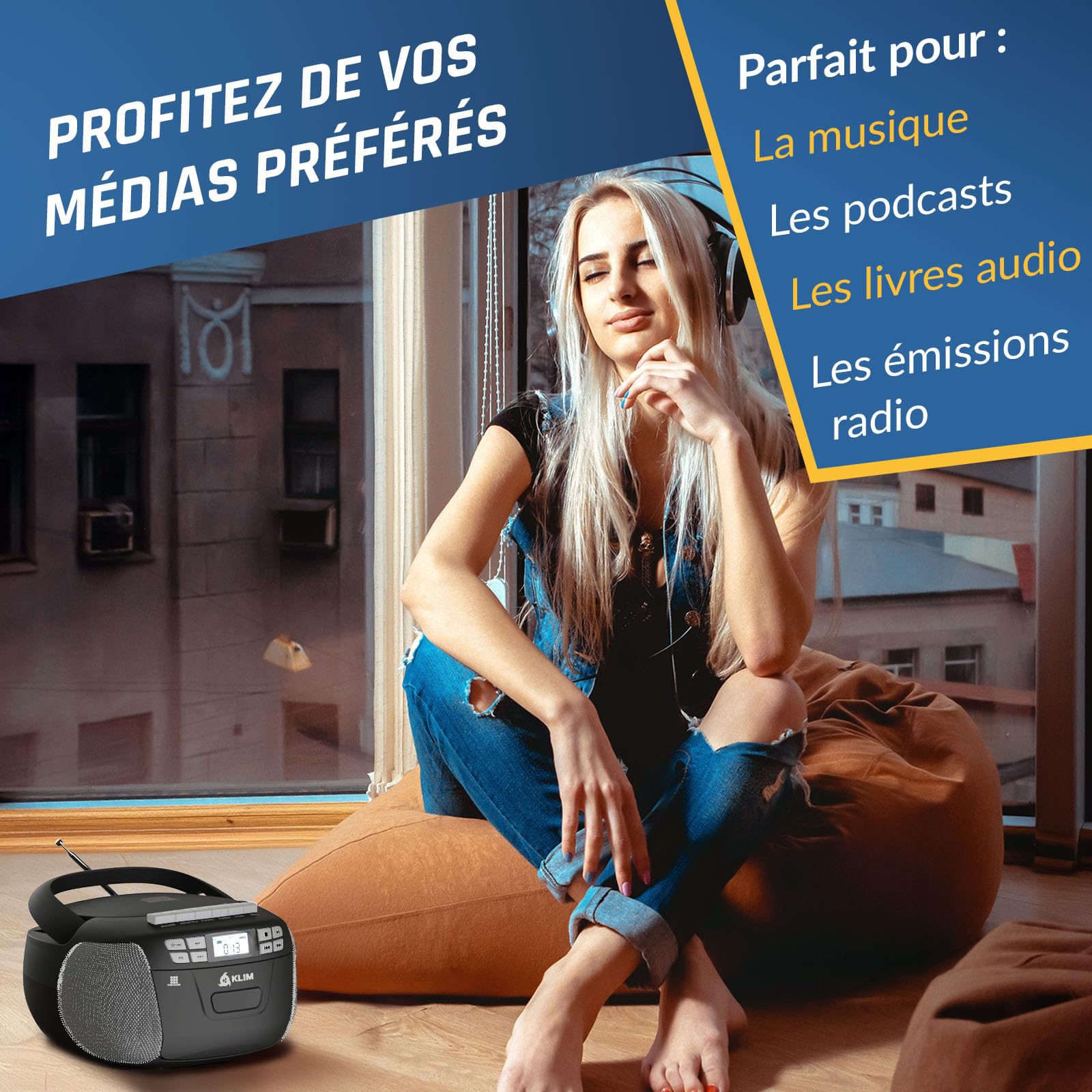 KLIM Lecteur CD Cassette Audio AM/FM Radio Bluetooth Stéréo Argent