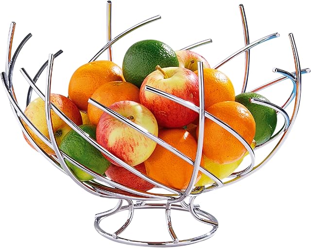 Premier Housewares 509291 Metal Fruit Basket Small Hook Fruits Basket Chrome Finish Fruit Basket Wire Fruit Bowl Wire Basket Table, Silver, 38 X 30 X 28 cm