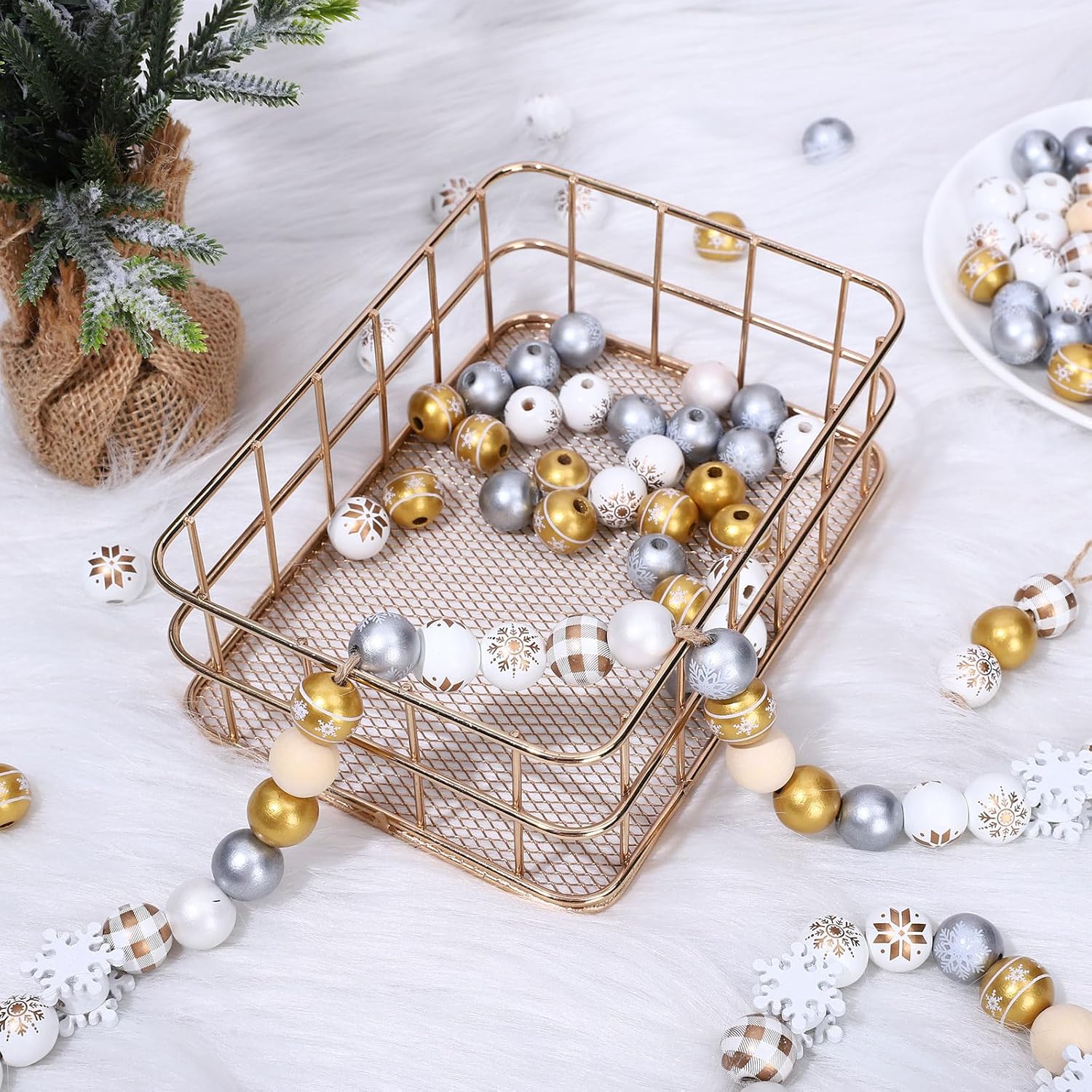 Whaline 210Pcs Golden Wood Beads Winter Gold Silver White Snowflake Pattern Wood Craft Beads Rustic Farmhouse Tiered Tray Decor Garland for Xmas DIY Making Bracelet Necklace Home Decor 10Styles - Image 4