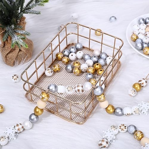 Miniatura 4 de Whaline 210 cuentas de madera de Navidad para invierno, doradas, plateadas, blancas, con patrón de copos de nieve, cuentas rústicas para decoración