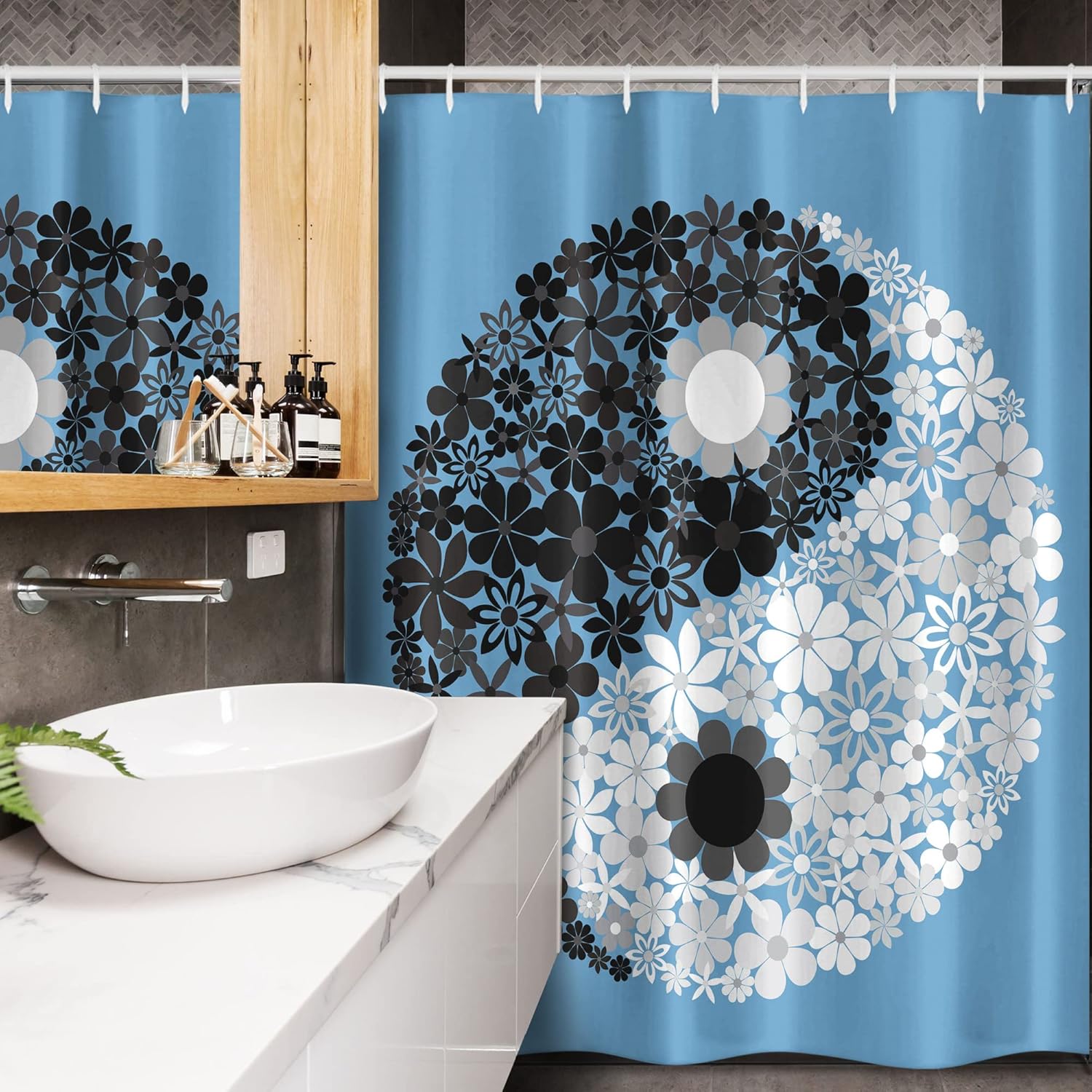 Ambesonne Ying Yang Stall Shower Curtain, Abstract Design Daisy Flower Power on Tao Sign Floral Themed Art, Fabric Bathroom Decor Set with Hooks, 54" W x 78" L, Blue Black Grey