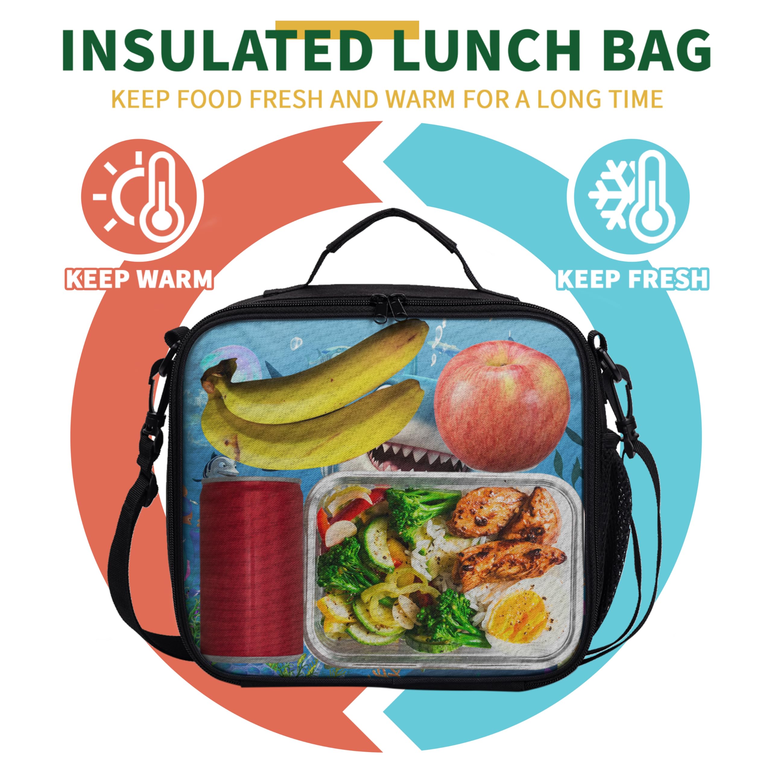 Shark Lunchbox für Kinder, Motiv: blauer Ozean, für Jungen und Mädchen, isolierte Lunchtasche mit verstellbarem Riemen, Thermo-Lunchbox für Schule, Picknick, Outdoor