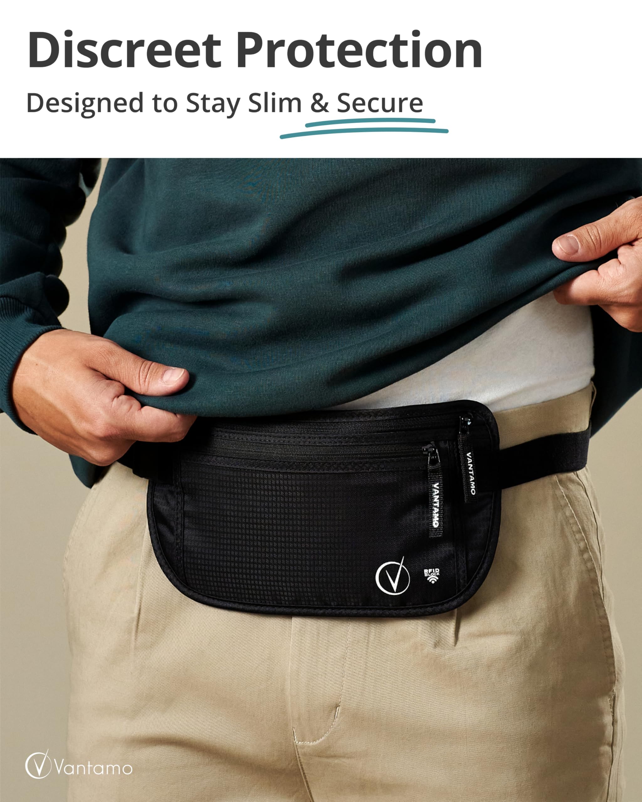 Vantamo Marsupio Uomo & Donna Ultrapiatto con protezione RFID, Marsupio Antiscippo con Cintura Regolabile, Ideale per Corsa e Escursioni e Viaggi, Leggero Cintura Portasoldi Sicuro