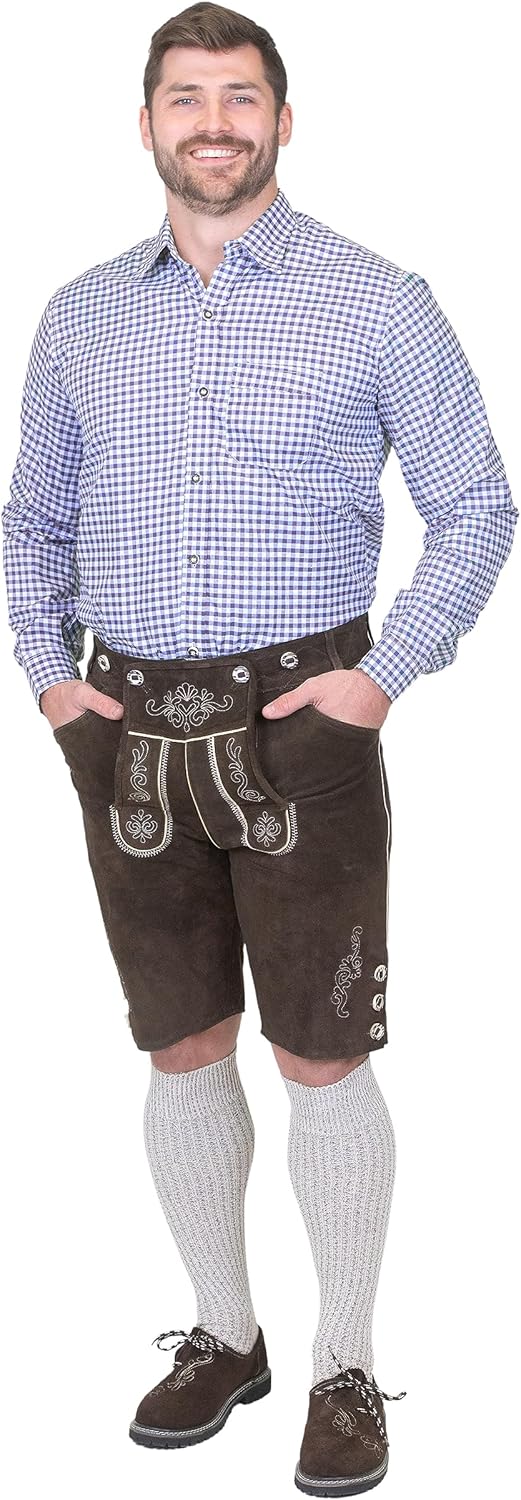 Dirndl Trachten Haus German Blue Plaid Lederhosen Longsleeve/Shortsleeve Button Down Shirt