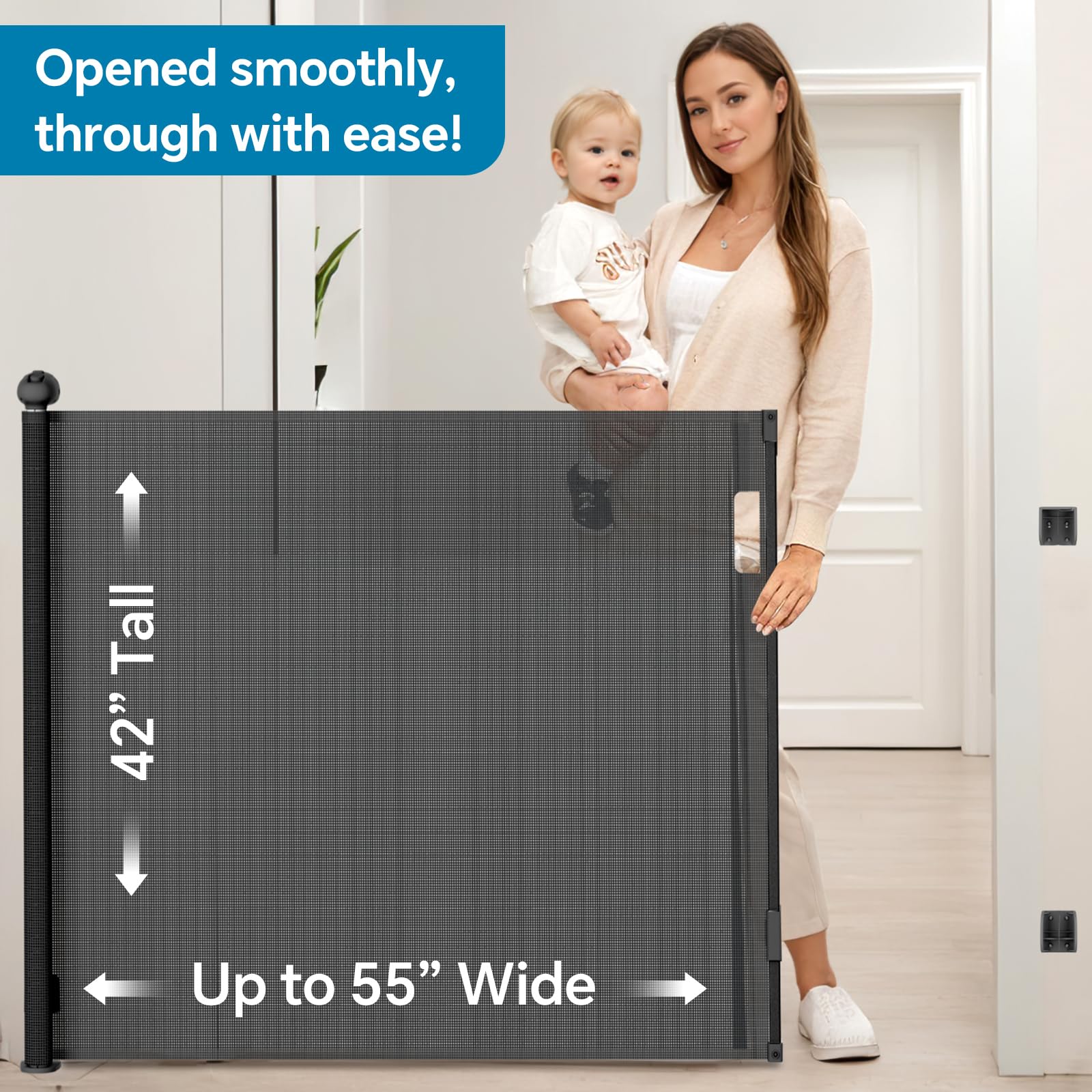 Bulubaky 42 Inch Extra Tall Safety Retractable Baby Gate Adjustable 55" Wide Retractable Dog Gate Mesh Baby Gate Child Gate for Doorway, Hallway, Stair Gates for Kids or Pets Indoor/Outdoor