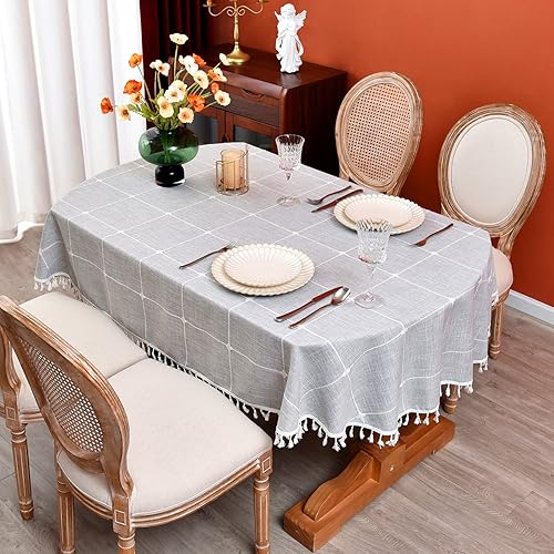 Monibana Mantel ovalado de lino y algodón a cuadros para decoración de mesa de comedor cocina 55 x 78 pulgadas