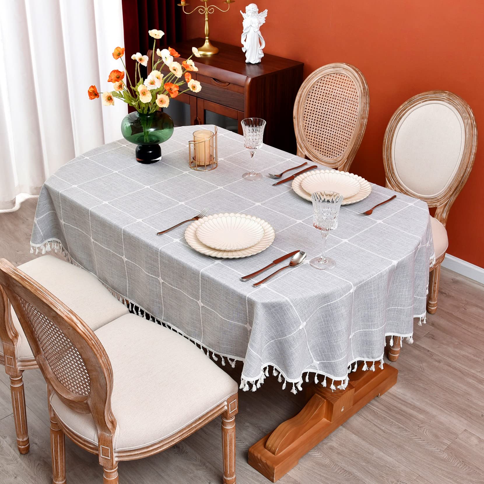 Monibana Grey Plaid Tablecloth Cotton Linen Table Cover