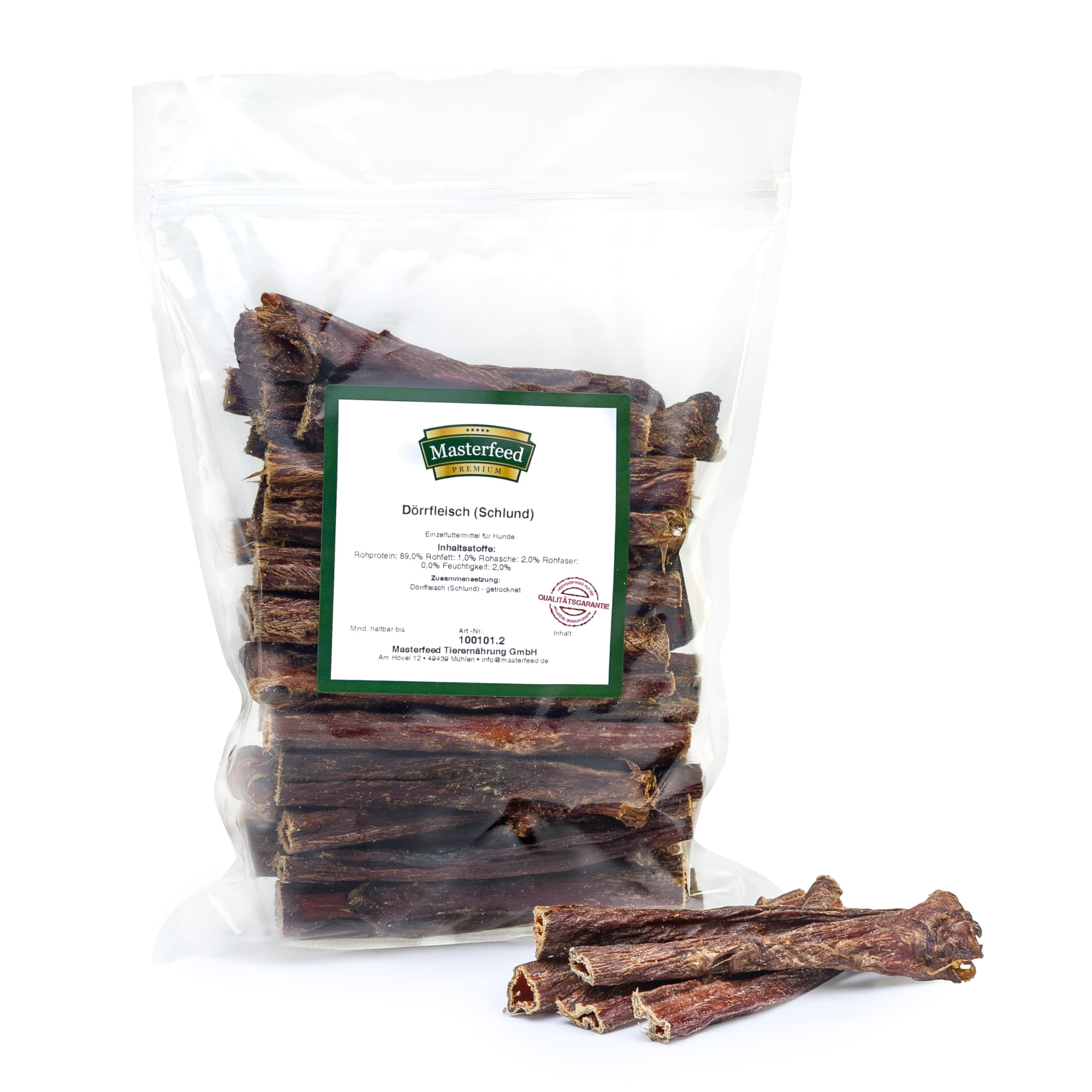 Masterfeed Dörrfleisch, Getrocknet, 100% Natürlich, Rinderdörrfleisch, Rinderschlund, Kauartikel für Hunde (Rollen 20 cm, 500 g) Haustier