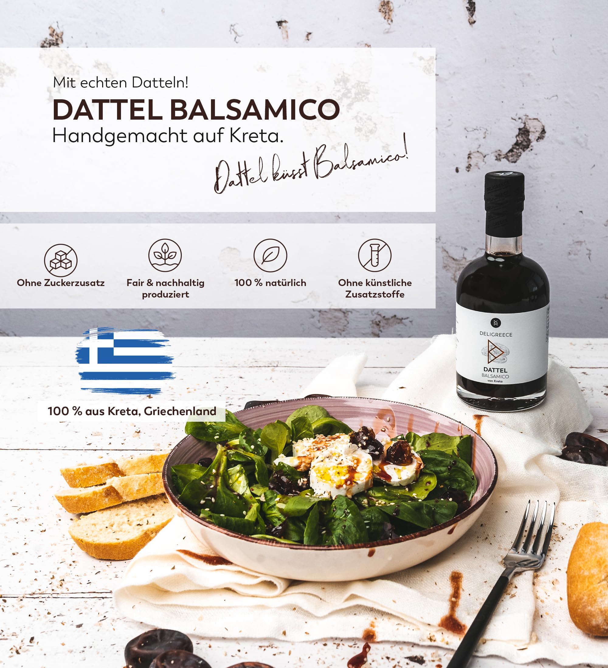 Deligreece Dattel Balsamico Essig | Traditionell hergestellter Balsamico von Kreta | Kräftig, würzig & süß zugleich mit frischen Datteln | Handgemachter Weißweinessig aus Griechenland (250ml) - 2