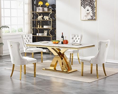 Miniatura 28 de Juego de mesa de comedor de mármol sintético blanco plateado de 70 pulgadas para 4, juego de mesa rectangular moderna de 5 piezas con patas de acero