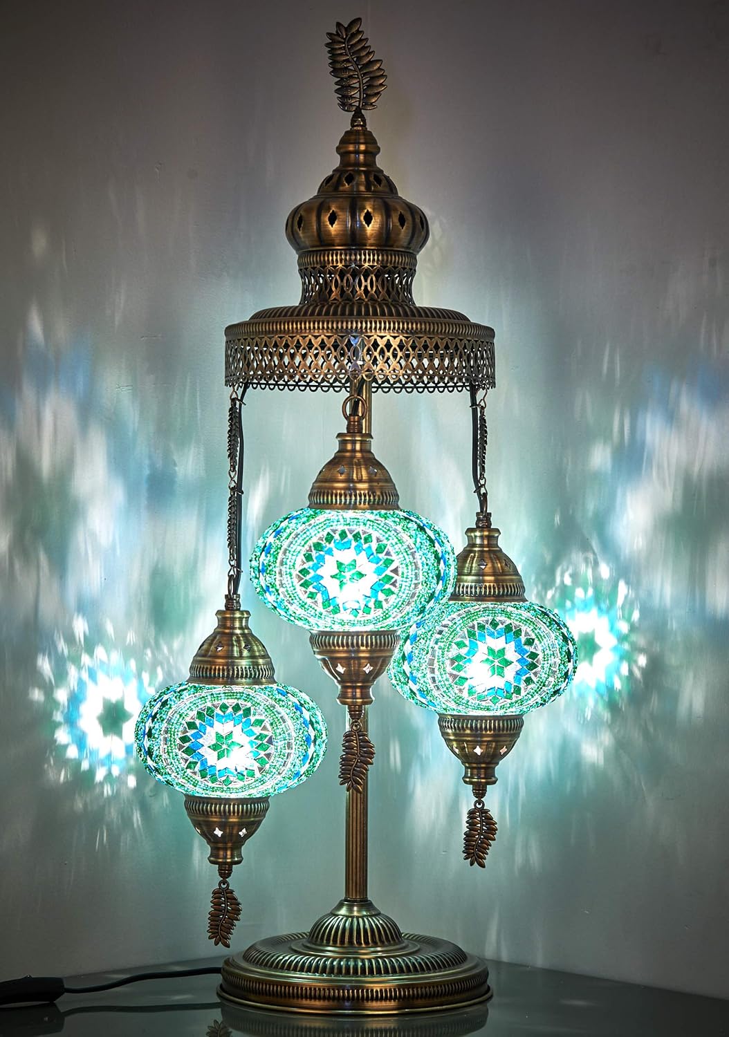 DEMMEX 3 Big Globes XL Magnificent Handmade Turkish Moroccan Mosaic Tiffany Style Table Desk Bedside Lamp Lampshade Exotic Night Accent Light for North American Use, 31" Height (Gift Me - Multicolor)