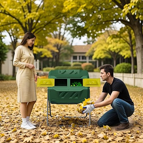 Miniatura 7 de Contenedor de compostaje para exteriores con doble cámara, giratorio de 43 galones, con puertas correderas y marco de acero, sin BPA, para jardín,