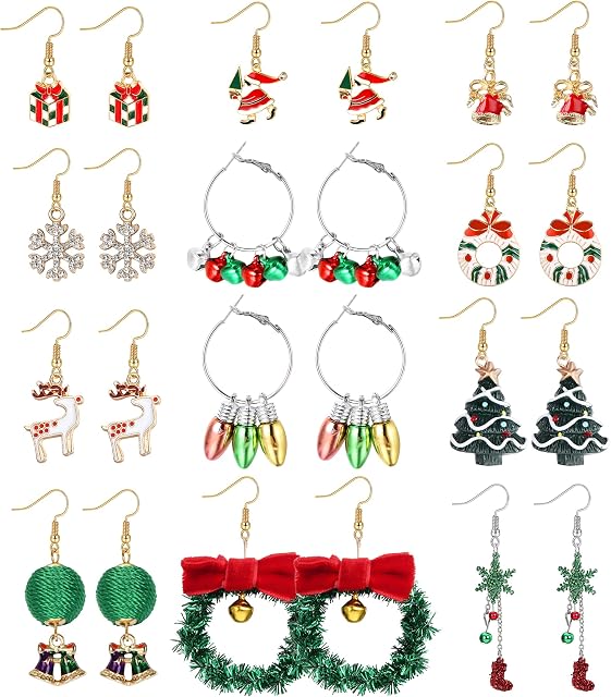 JeweBella 12 Pairs Christmas Earrings for Women Girls Christmas Bell Light Bulbs Hoop Earrings Christmas Tree JingleBall Snowflake Bow Flower Elk Dangle Earrings Christmas Party Jewelry Set Gift