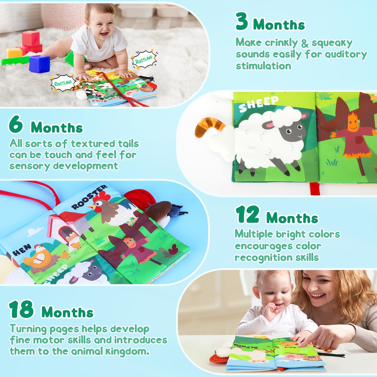 Libro suave para bebé, juguete para bebés, regalo de ducha para niños recién nacidos, juguete para la hora boca abajo, para bebés de 0 a 6 a 12 meses, libro sensorial para tocar y sentir con 5