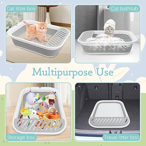 Miniatura 13 de Fhiny Caja de arena abierta para gatos, pequeña caja de arena para gatitos de entrada baja, bandeja para orinal plegable, impermeable, para Gris