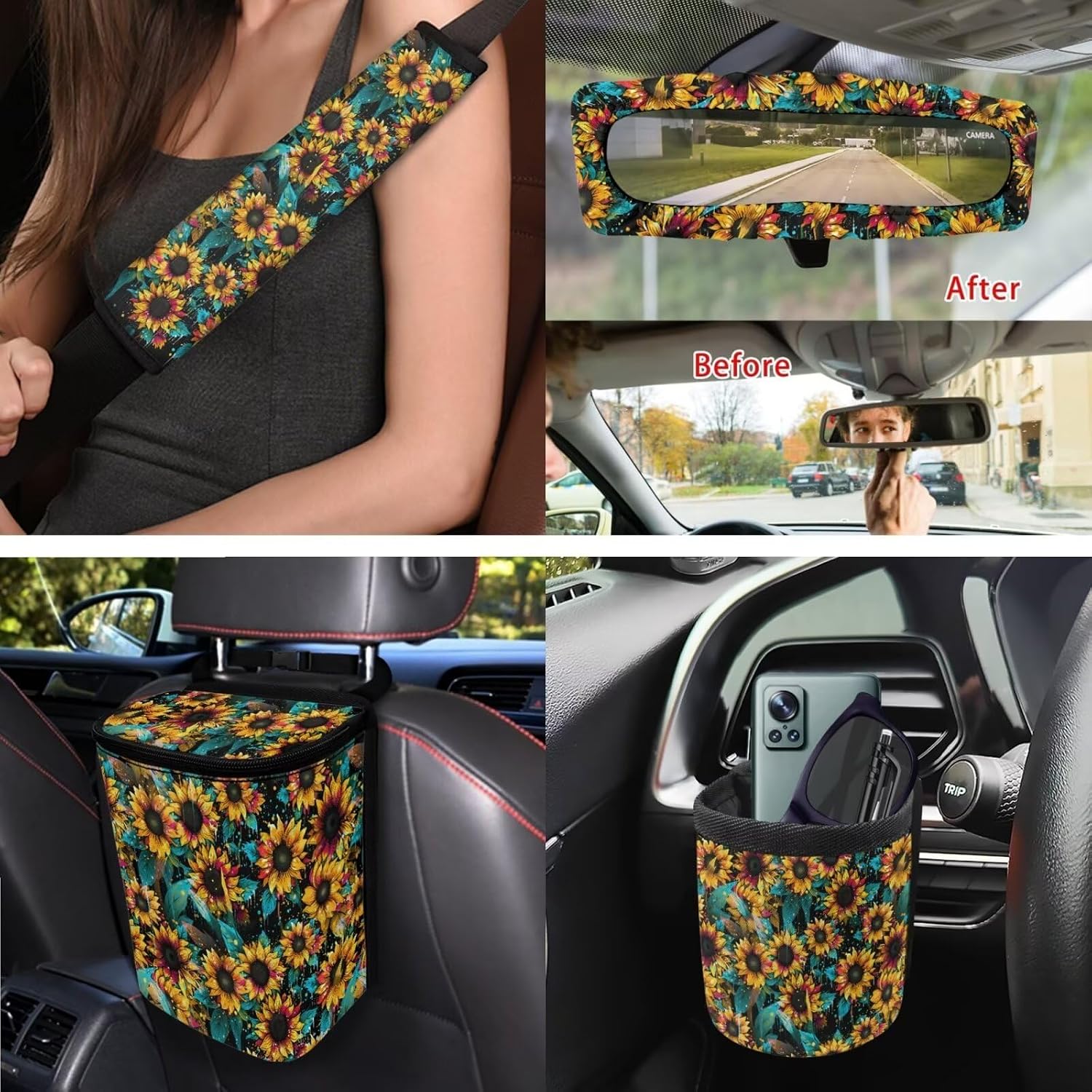 Sunflower Car Accessories Set Car Vehicle Wheel Cover Car Rear View Mirror Cover Seatbelt Cover Car Steering Cover Car Garbage Can Coasters Key Chains