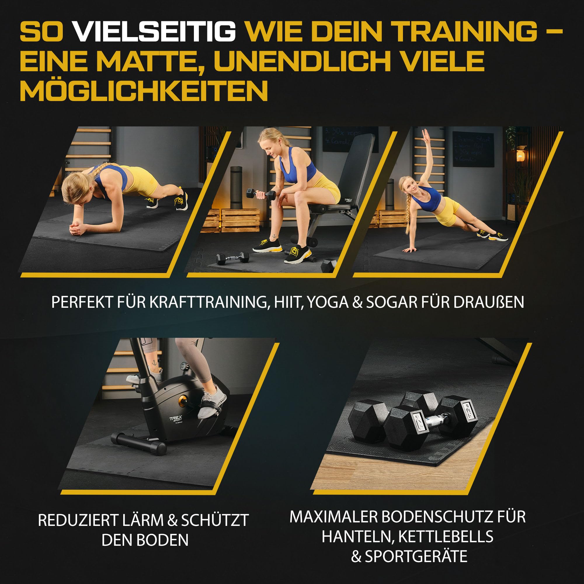 TREX SPORT Bodenschutzmatte Steckmatten 24/48 Stück 1 cm Schaumstoffmatten | Rutschfest, 1,97/3,84 m², Puzzlematte Bodenmatte, leise, robust