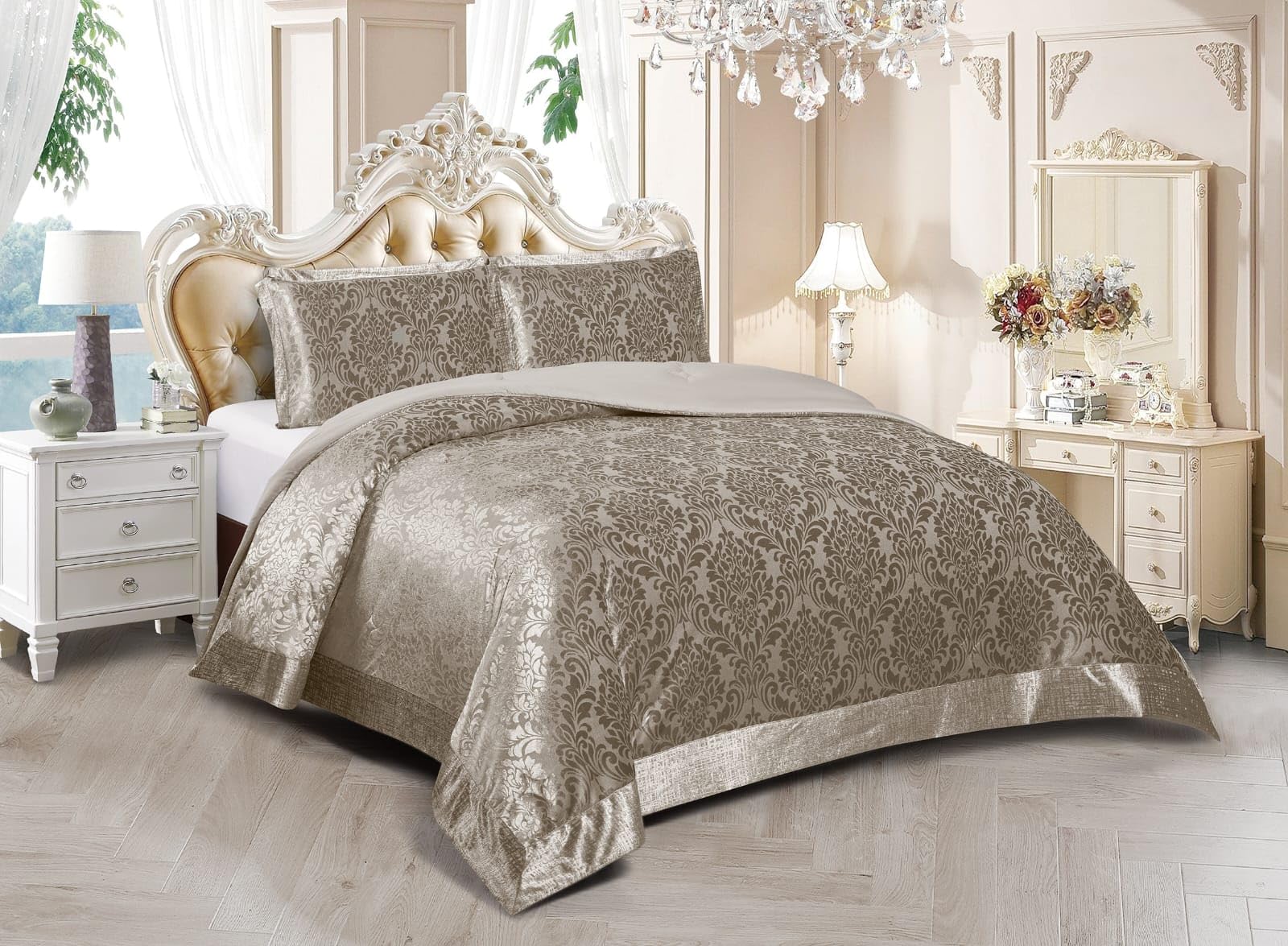 Mh Bedding Store ltd Luxury 3-Piece Quilted Bedspread/Comforter with Pillow Shams, Elegant Embossed Damask DesignBedding Set (Mink, King)