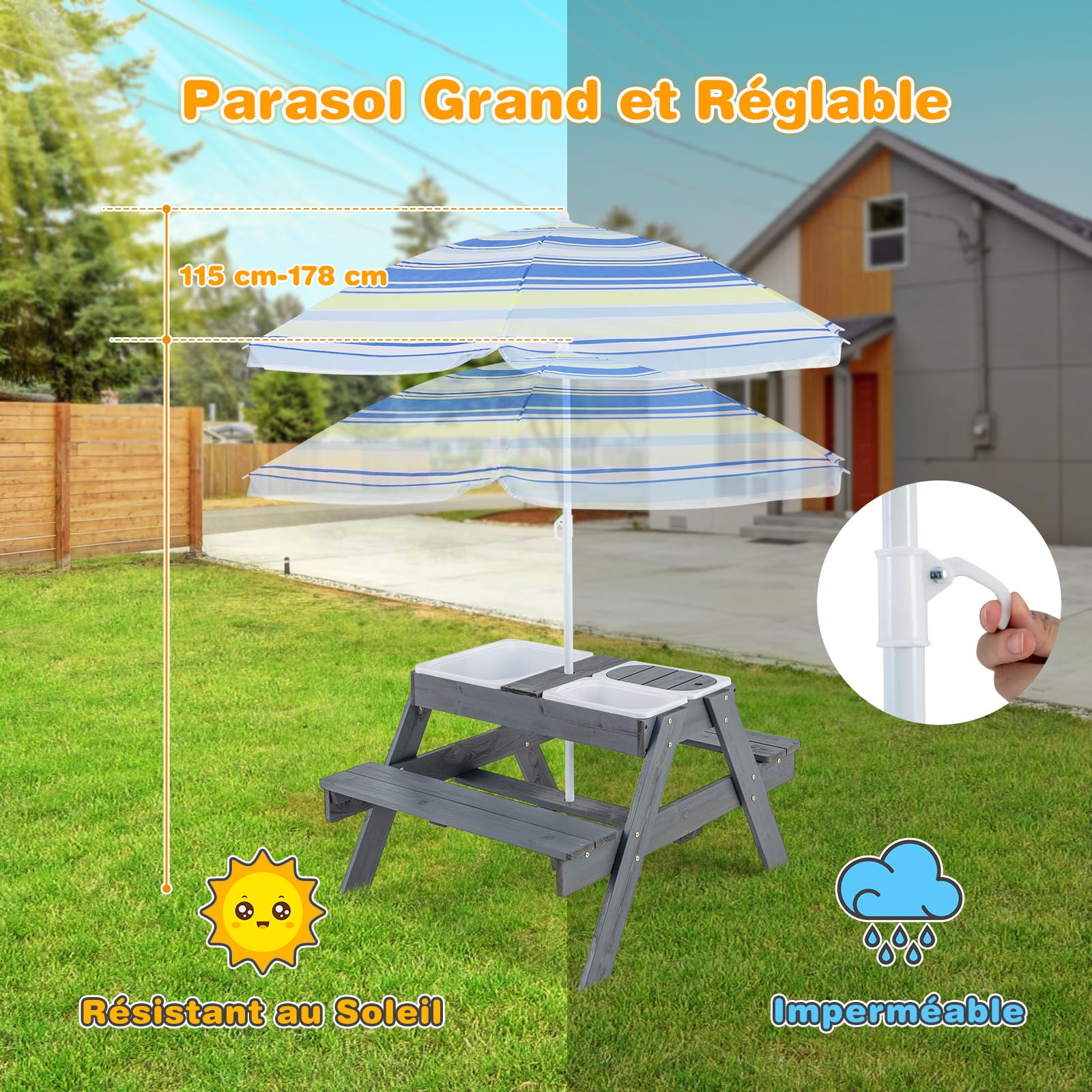 COSTWAY Table de Pique-Nique Enfants avec Parasol Réglable & 3 Bacs Amovible, Table de Jardin Extérieur en Sapin pour Sable et Eau, Charge 100kg pour Enfants de 3 Ans+ pour Jardin Terrasse