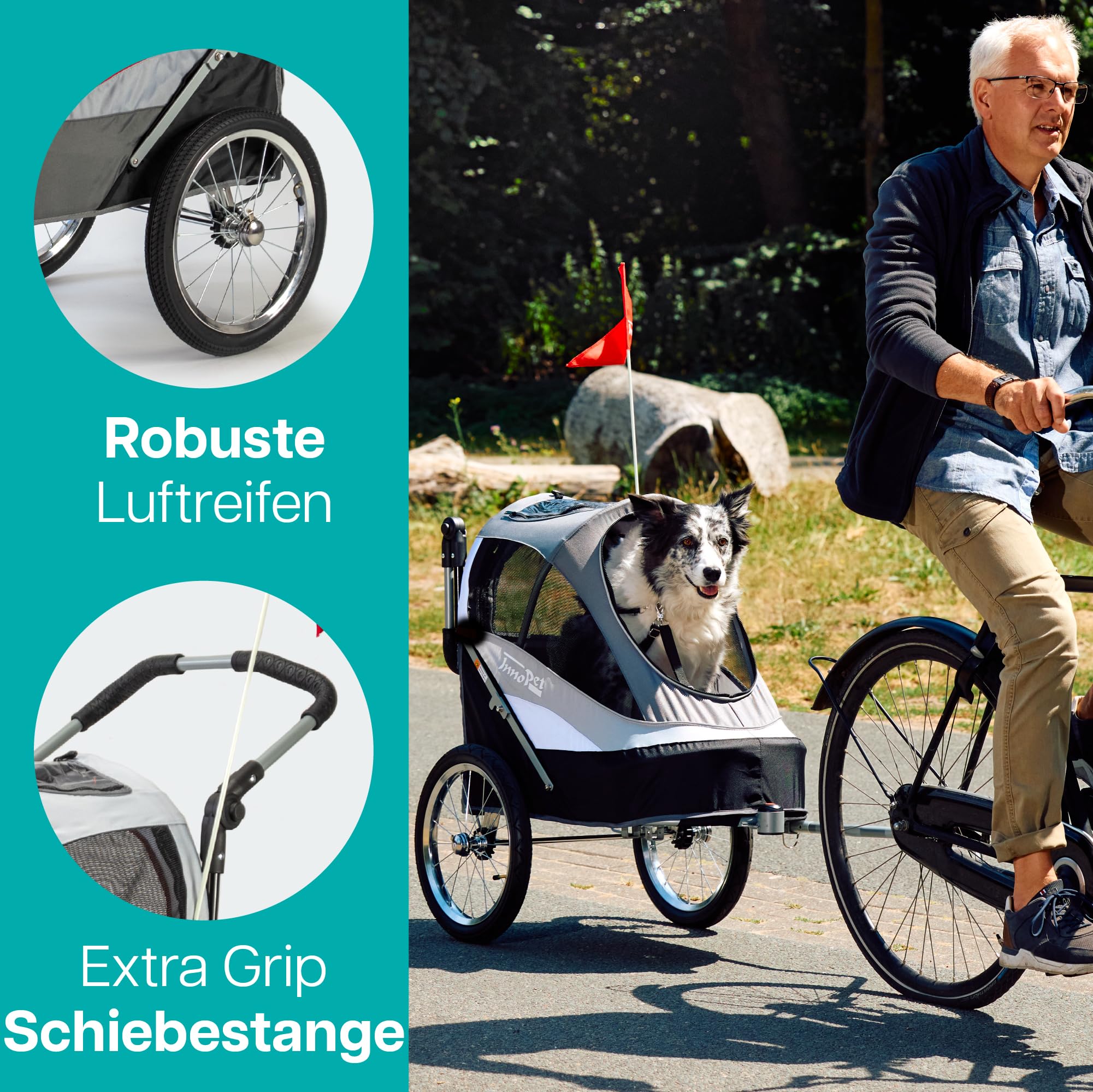 Hundebuggy & Fahrradanhänger für Hunde - Innopet Sporty Dog Trailer Deluxe Hundeanhänger für Fahrrad - Rot/Weiß - zusammenklappbar - mit Regenschutz - Luftreifen - Fahrradkit inklusive