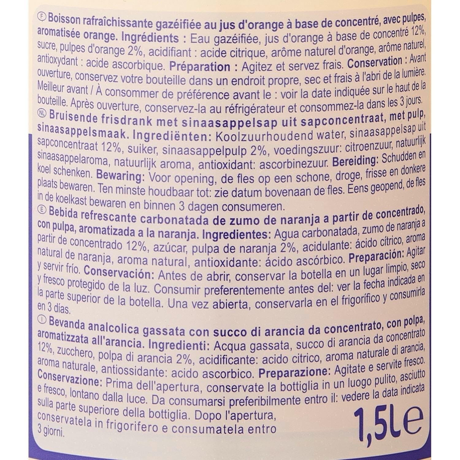 CARREFOUR CLASSIC' Soda à la Pulp'Orange 1,5L — boisson gazeuse au jus d'orange concentré et pulpes d'orange, sans conservateur - Lot de 4