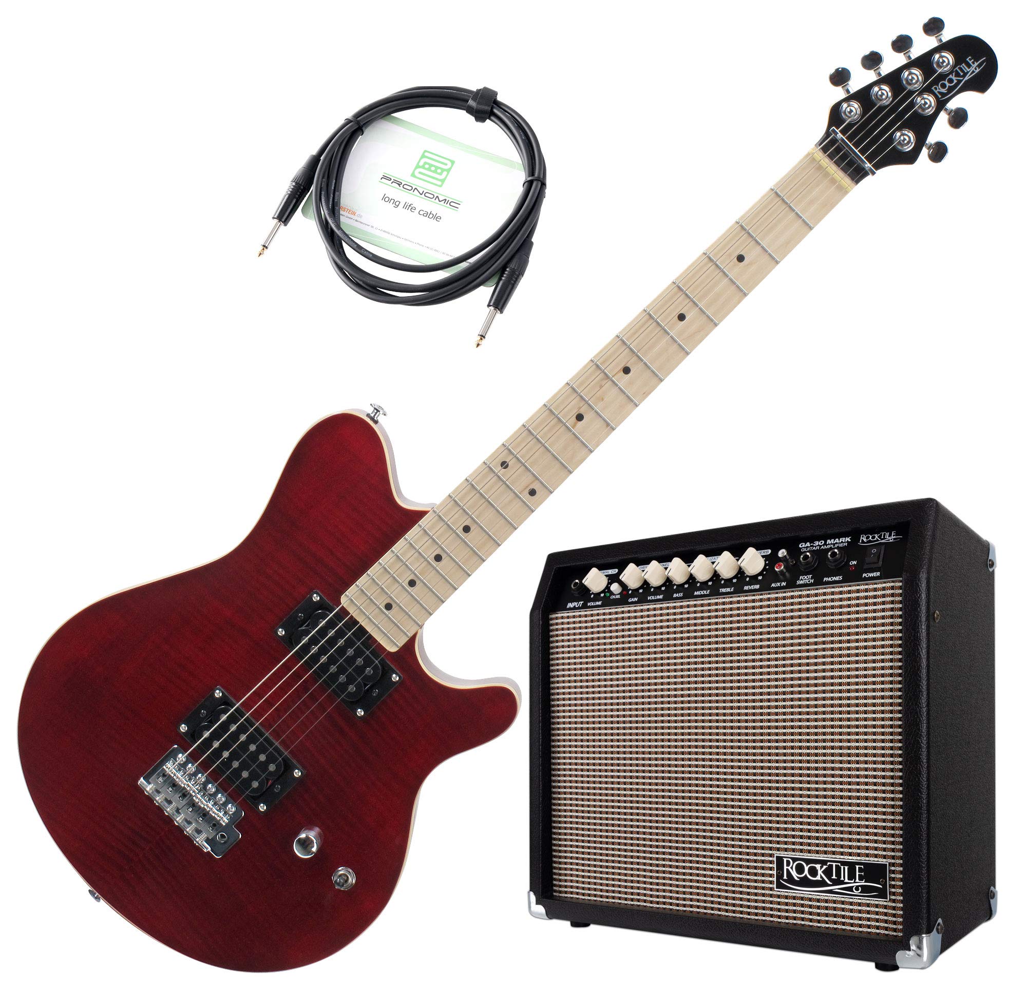 Rocktile Pro MM150-TR Set Chitarra Elettrica con Amplificatore, Inlays: Dot | Modello: MM150-TR, Corpo: Tiglio, Top fiammato, Manico: acero avvitato, 2 pickup Humbucker, 22 tasti jumbo, Tastiera in acero